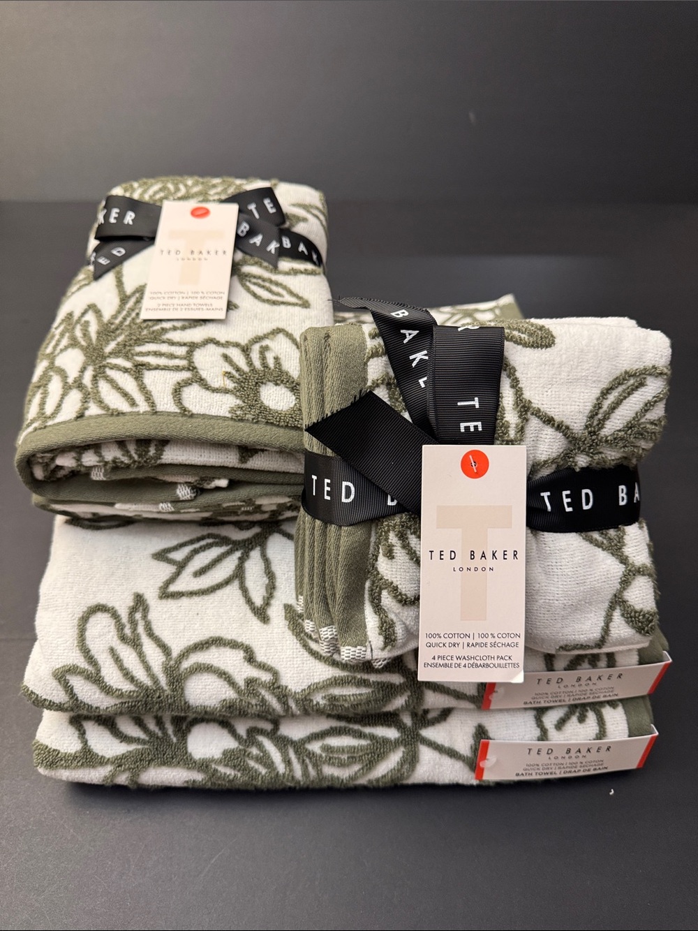 8pc TED BAKER London 100% Cotton Bath Towel Set - Quick Dry - Olive Green/White
